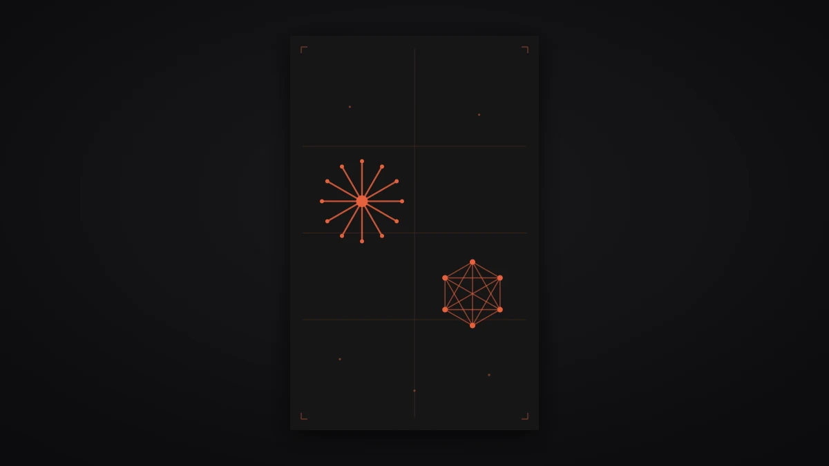 A single orange operator mark above a grid of agent nodes on a dark poster field